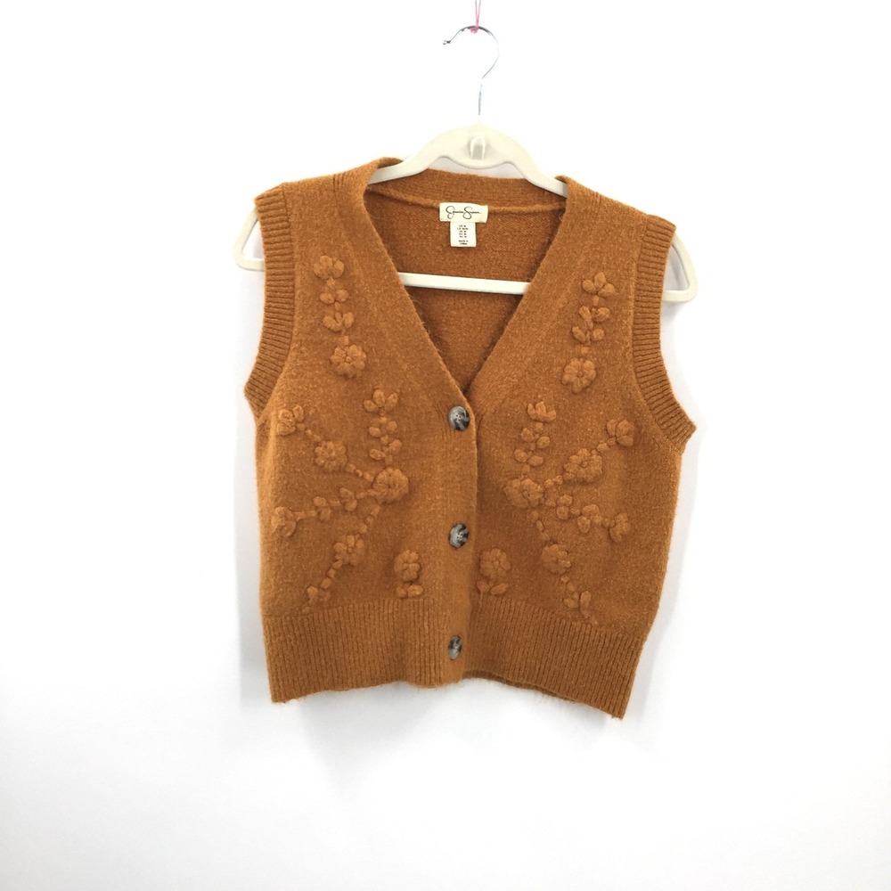 Jessica Simpson Mustered Yellow‎ brown cottagecore boho Floral Sweater Vest M